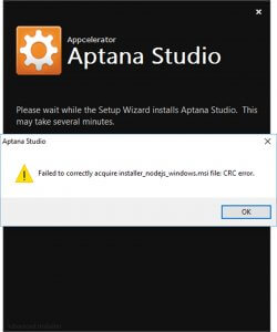 aptana studio failed to correctly acquire installer node js